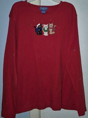 Paradise Bay Misses Long Sleeve Christmas Cats Red Tunic Top Women's Size XL NEW
